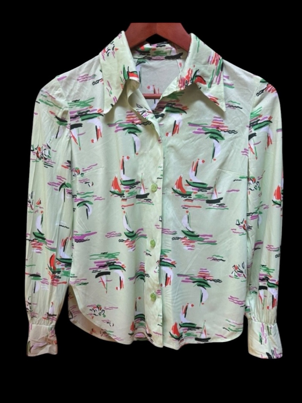 1970s Poly Sailboats Print Dagger Collar Front-Button Down Shirt